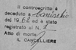 Death Annotation on Birth Record Canischio, Italy