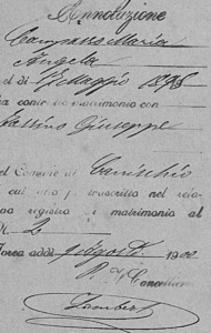 Marriage Annotation on Birth Record - Canischio, Italy