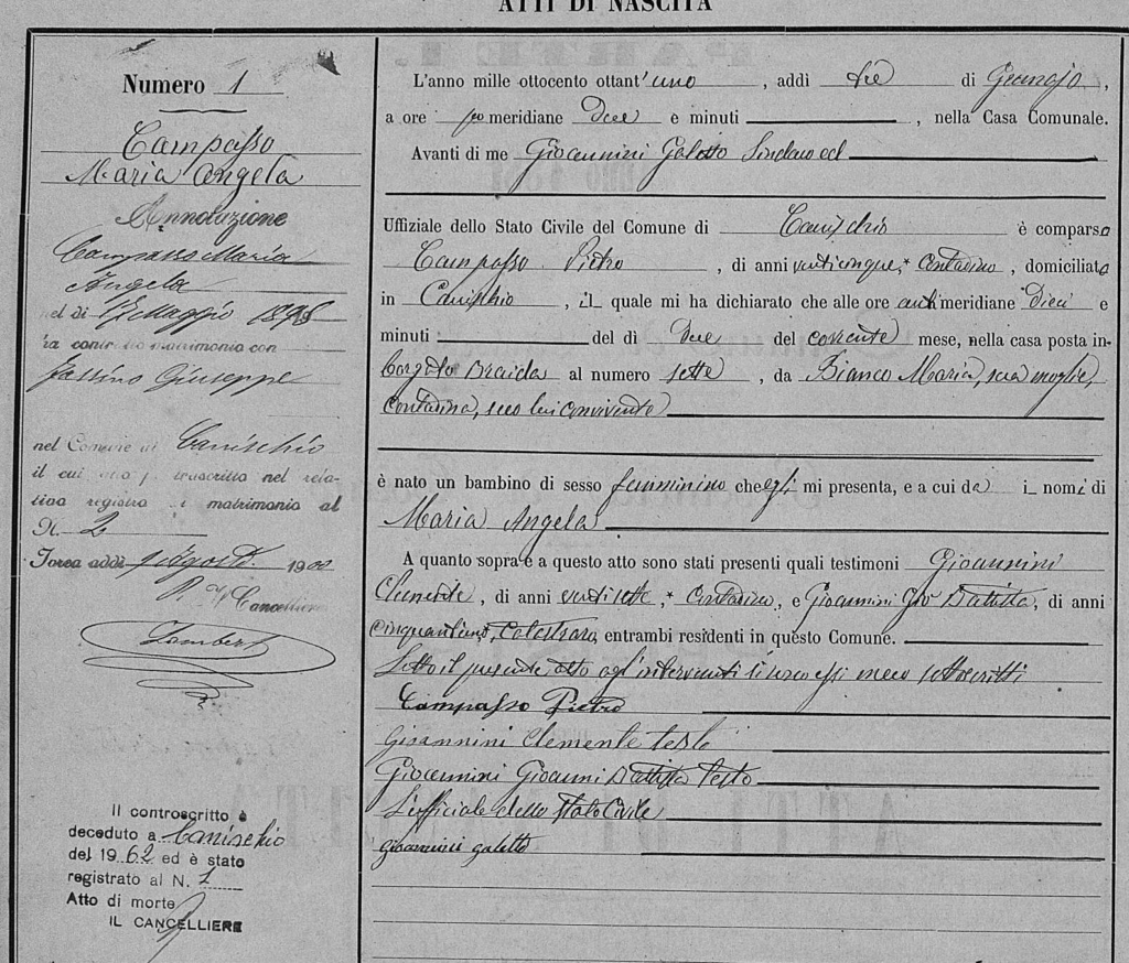 Post 1875 Birth Record - Canischio, Italy